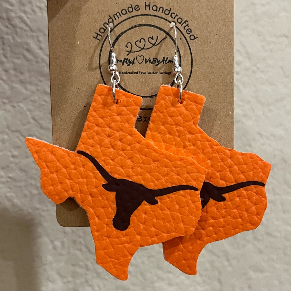 Texas + Longhorn Faux Leather Earrings | Handmade | Cuts: Orange & Brown Colors